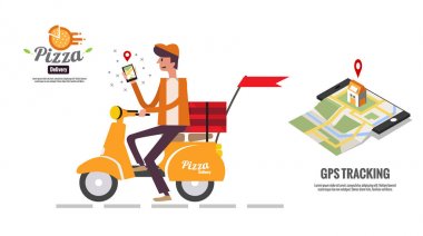 Müşteri tanıml görmek için smartphone tutan pizza servis elemanı
