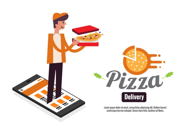 Pizza boy a boxy na smartphone. Objednávání online mobile potravin — Stockový vektor