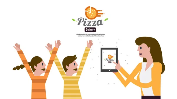 Akıllı telefon tutarak ve çocuklar için pizza siparişi kadın. Hızlı sipariş — Stok Vektör