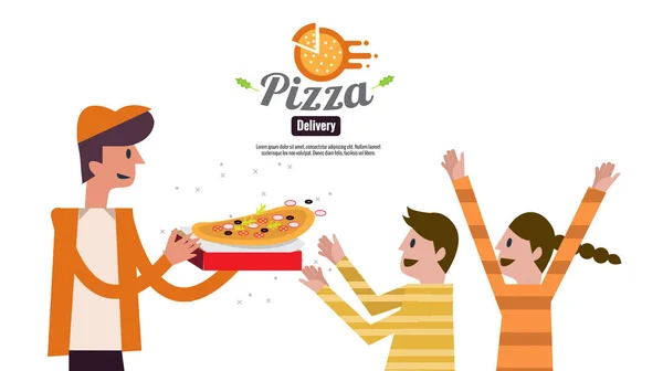 El repartidor de pizza entrega la caja de pizza a los niños. pedidos de alimentos y — Archivo Imágenes Vectoriales