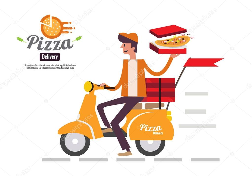 Pizza delivery boy riding motor bike isolated on white background. food delivery concept flat design vector illustration. eps10
