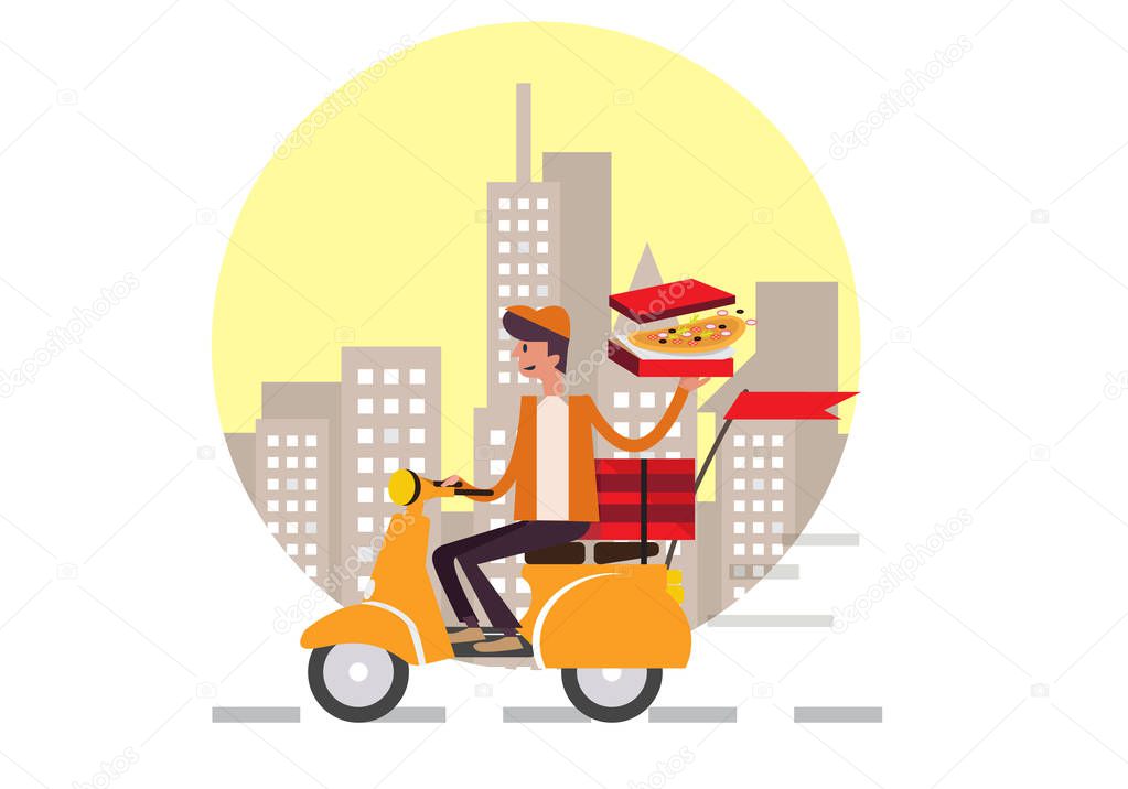 Pizza delivery boy riding motor bike isolated on city background