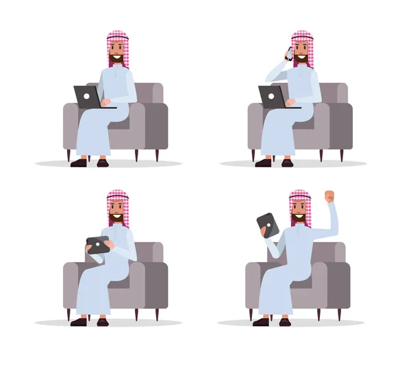 Zestaw arabskich działalności człowieka za pomocą urządzenia na kanapie. — Wektor stockowy