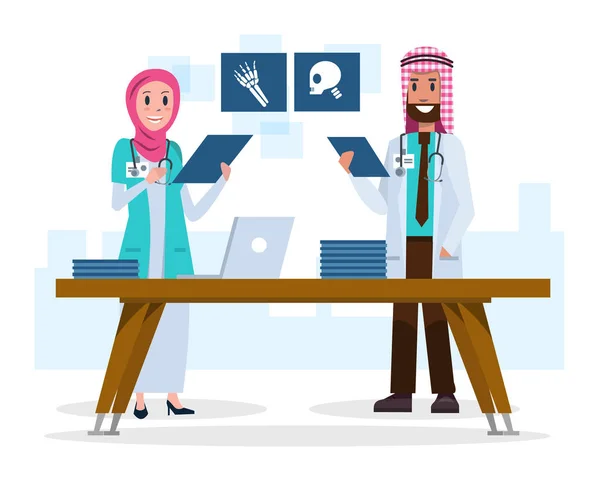 Paar saudi-arabische Ärzte suchen und sprechen über Röntgenfilme im Zimmer. — Stockvektor