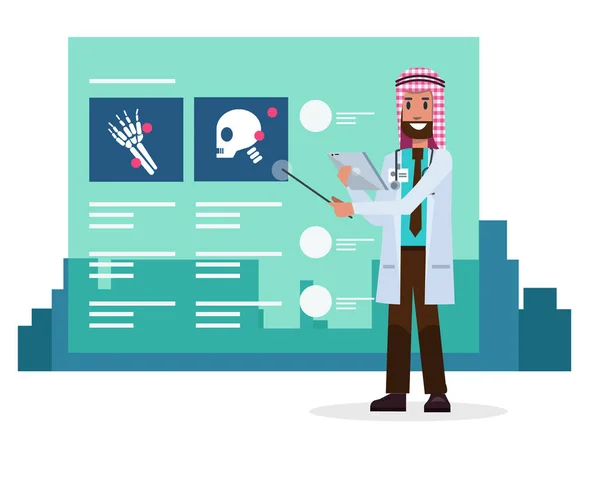 Saudi Arab doctor speaking about x-ray films information on glass screen. — Stock Vector