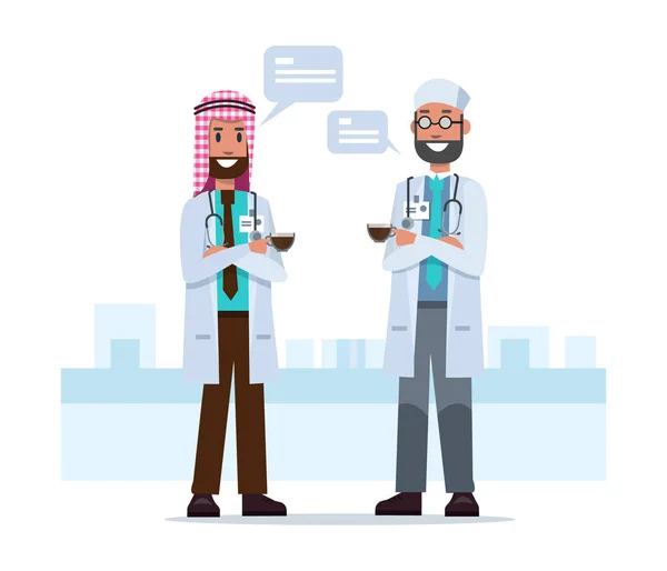 Couple Saudi Arab doctors talking in coffee break time. — Stock Vector