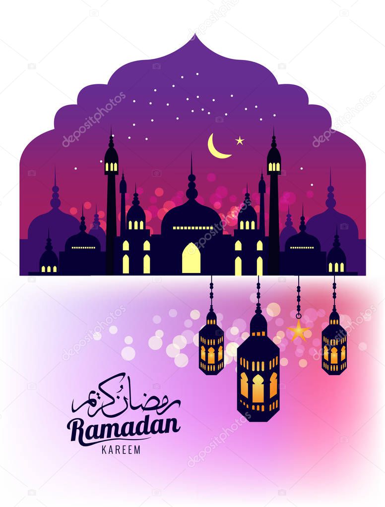 Ramadan Kareem.Beautiful greeting card. Scene with Mosque or Masjid and lantern.