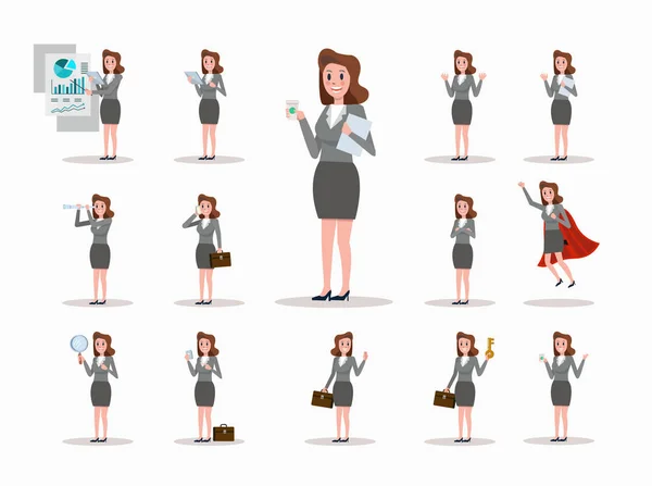 Set di pose da donna d'affari. concetto di vita d'ufficio . — Vettoriale Stock