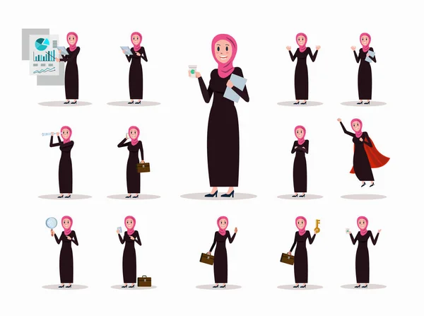 Serie di pose di carattere arabo donna d'affari. concetto di vita d'ufficio . — Vettoriale Stock