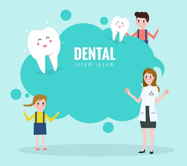 Dokter onderwijzen over gezonde tanden. Tekst zeepbel. — Stockvector