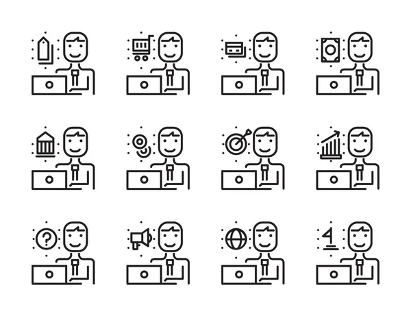 Arbetstagare man med laptop disposition Ikonuppsättning. Online marknadsföring, shopp — Stock vektor