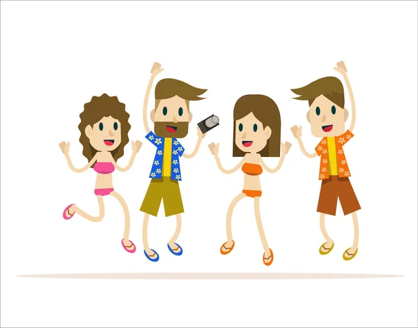 Feliz grupo de personas saltando en la playa . — Vector de stock