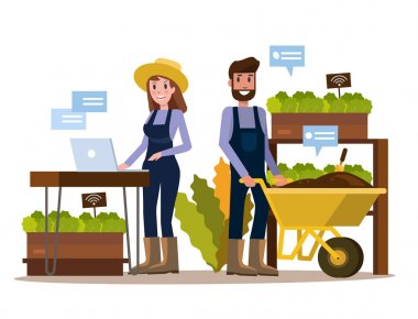 Modern çiftçi serada tablet kullanma. 