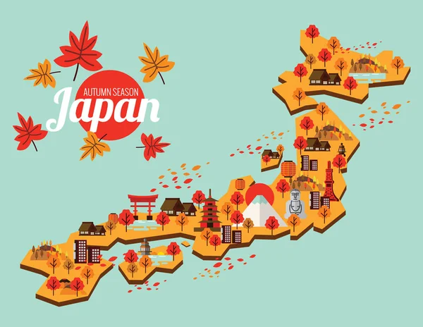 Japan Travel Map. Autumn season in japan. — Stock Vector