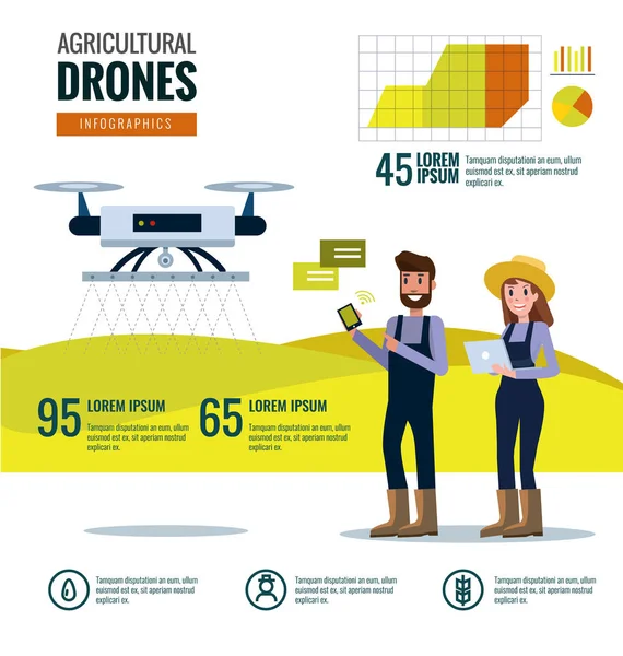 Infografías inteligentes de granjeros y drones agrícolas . — Archivo Imágenes Vectoriales