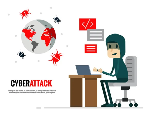 Cyber-Angriffskonzept. Hacker schicken Virenangriff in die Welt. — Stockvektor