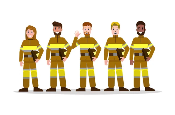Sets van brandbestrijding team in geel uniform. — Stockvector