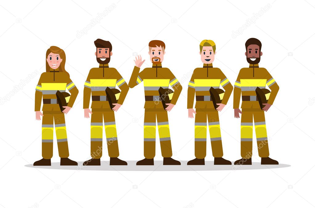 Sets of Firefighting team in yellow uniform.