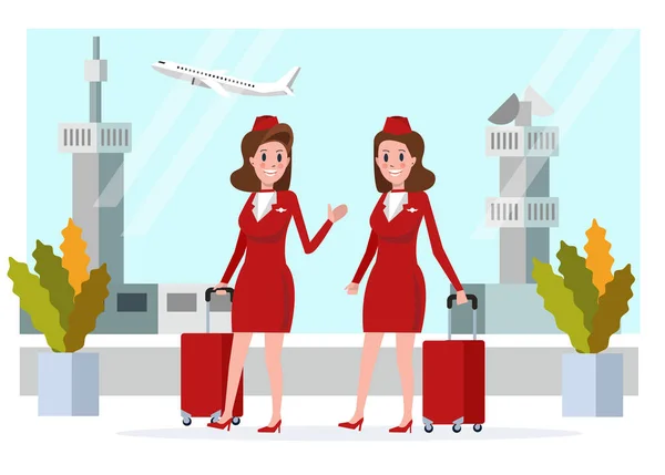 Couple Air hostess in red uniform walking and talking. — Stock Vector