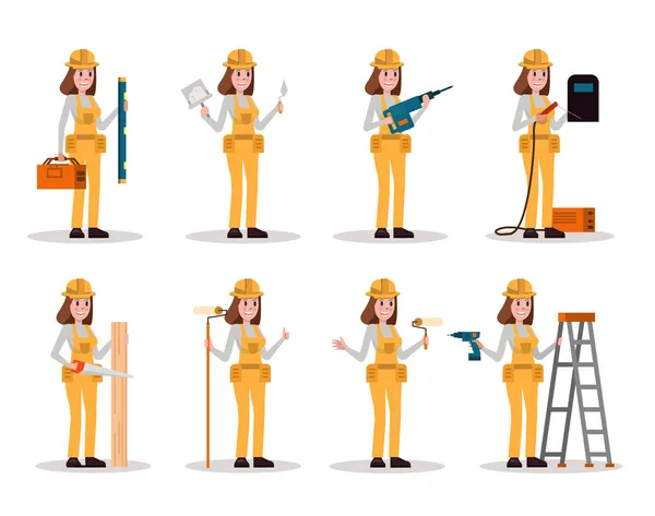 Ensemble de travailleurs de la construction. Travailleur femme avec des outils de construction dans beaucoup de pose . — Image vectorielle