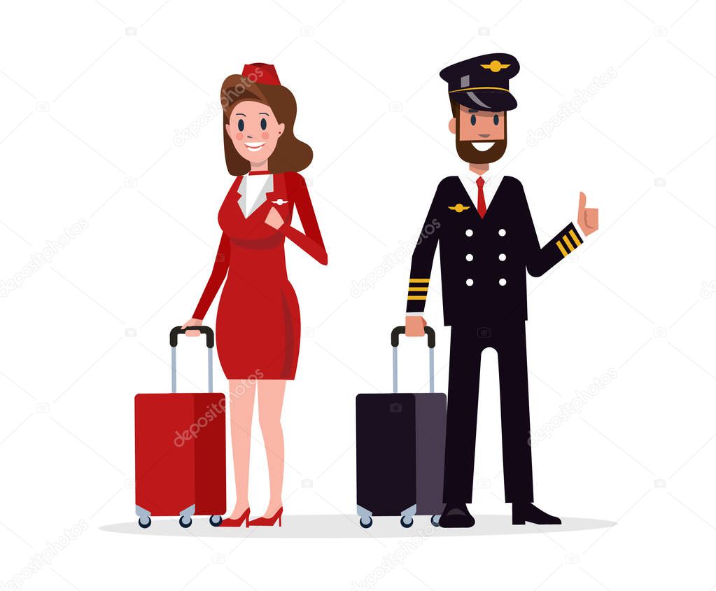 Airplane flight crew. Pilot, capitan and flying attendants. 