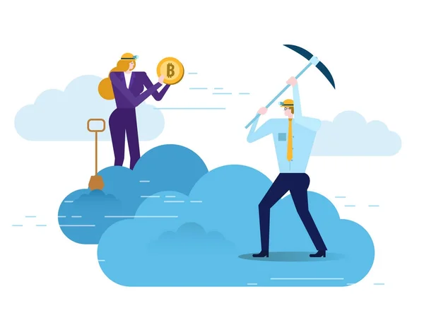 Business people with jackhammer working in bitcoin mine on cloud. — Stock Vector