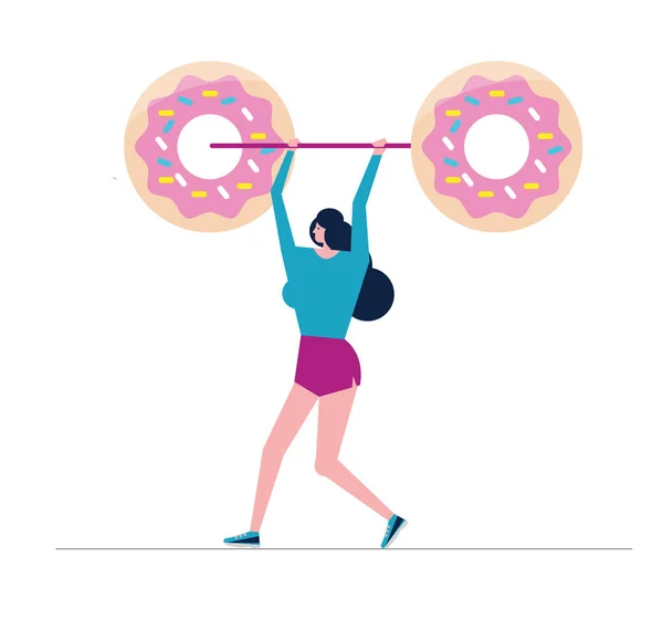 Mujer haciendo ejercicio de presión de hombro con una barra de peso Donut . — Vector de stock
