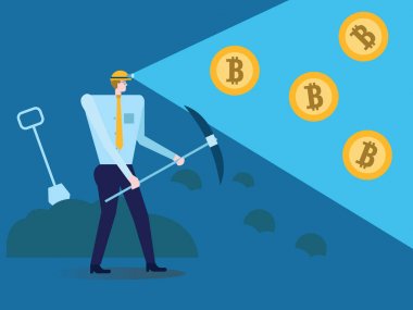 İşadamı kürek ve bitcoin içinde benim çalışma kazma ile. 