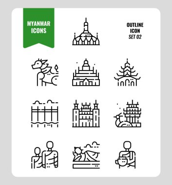 Myanmar simgesi kümesi 2. Tarihi işaretleri, insanları, kültürü ve daha fazlasını içerir. 
