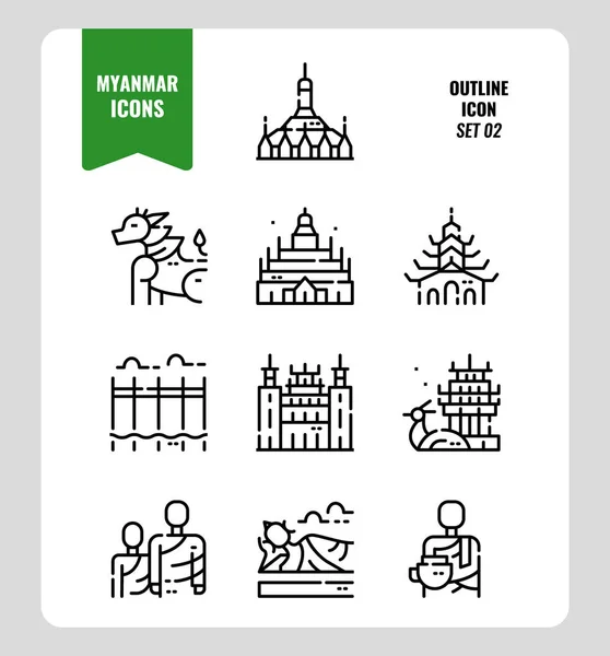 Myanmar icono conjunto 2. Incluya hitos, personas, cultura y más . — Vector de stock