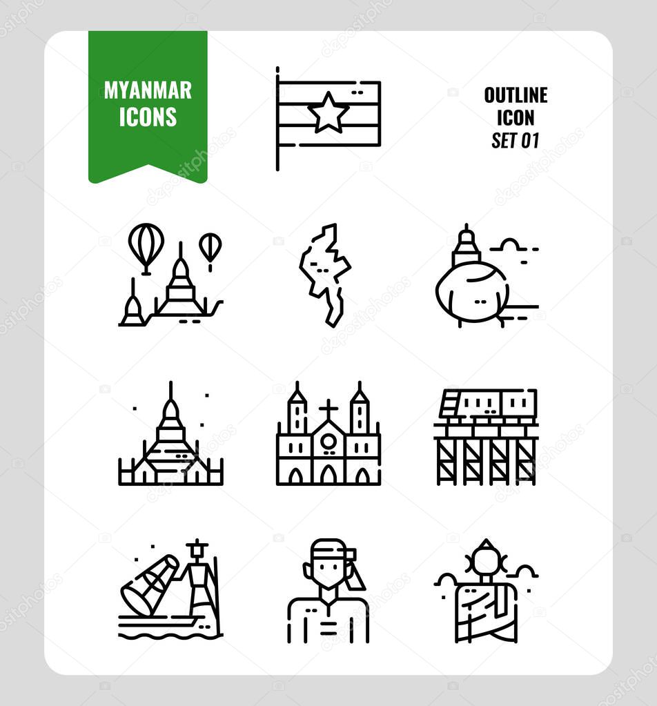 Myanmar icon set 1. Include flag, landmark, people, culture and more. Outline icons Design. vector