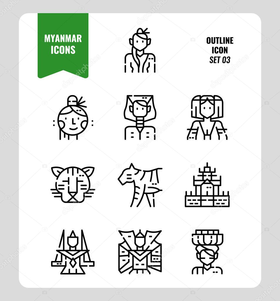 Myanmar icon set 3. Include landmark, people, animal, culture and more. Outline icons Design. vector