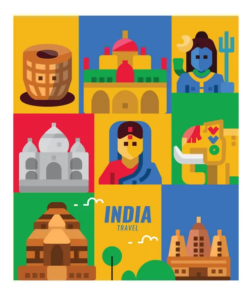 Viagem à Índia. marcos, pessoas e cena cultural . —  Vetores de Stock
