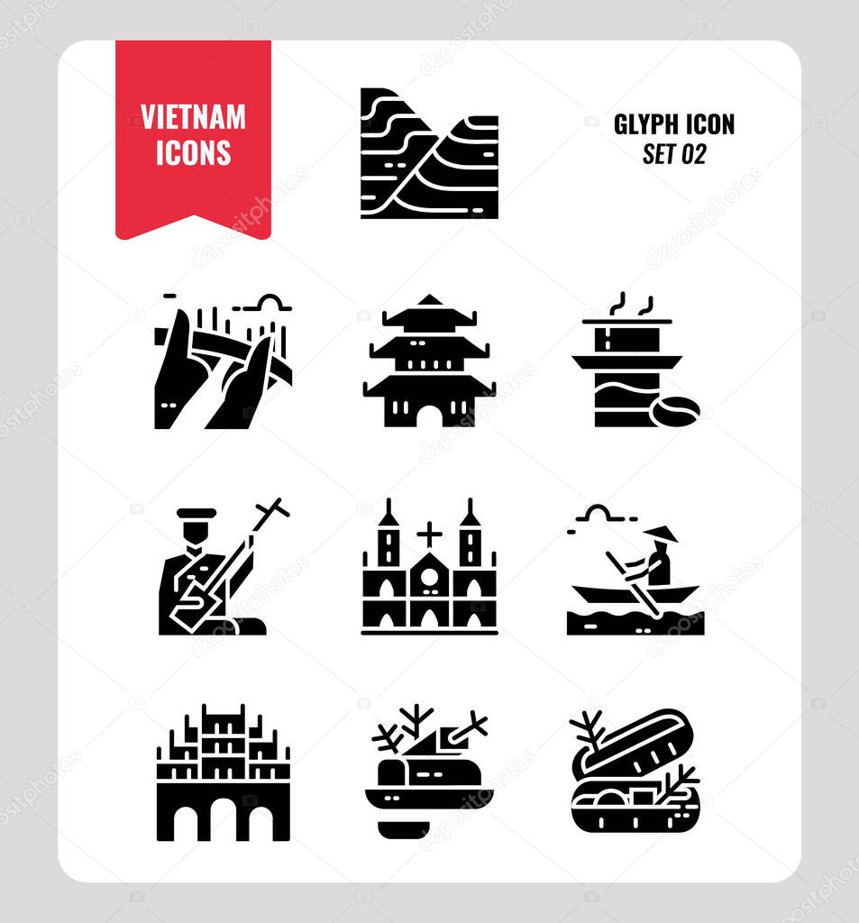 Vietnam icon set 2. Include landmark, people, food, culture and more. Glyph icons Design. vector illustration