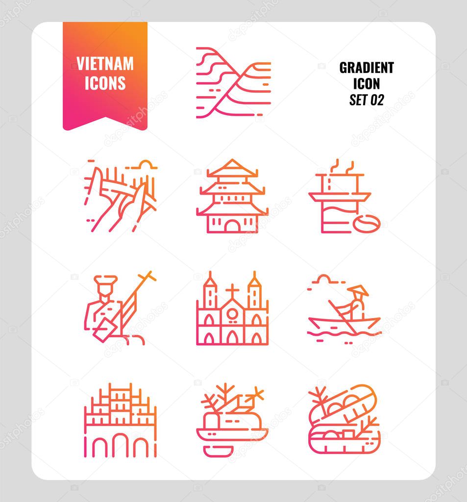 Vietnam icon set 2. Include landmark, people, food, culture and more. Gradient icons Design. vector