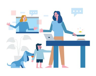 Anne evde birden fazla iş yapıyor. İnternette çalışıyor, yemek yapıyor, çocuk ve evcil hayvanlara bakıyor. Ev karantinası tasarımı. vektör illüstrasyonu