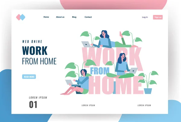 Strona Internetowa Projektowaniu Koncepcji Kwarantanny Domowej Grupa Kobiet Pracujących Domu — Wektor stockowy