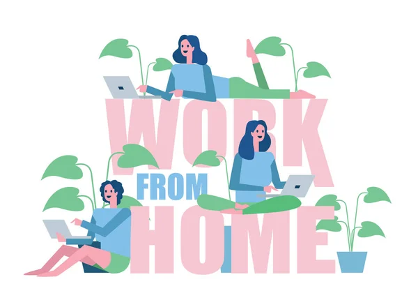 Grupo Mulheres Que Trabalham Casa Projeto Conceito Quarentena Casa Ilustração —  Vetores de Stock
