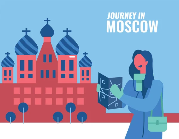 モスクワ ロシアの旅 モスクワへの旅行のための女性の読書ガイドマップ 背景にモスクワの建築と風景 平面的なデザイン要素 ベクターイラスト — ストックベクタ