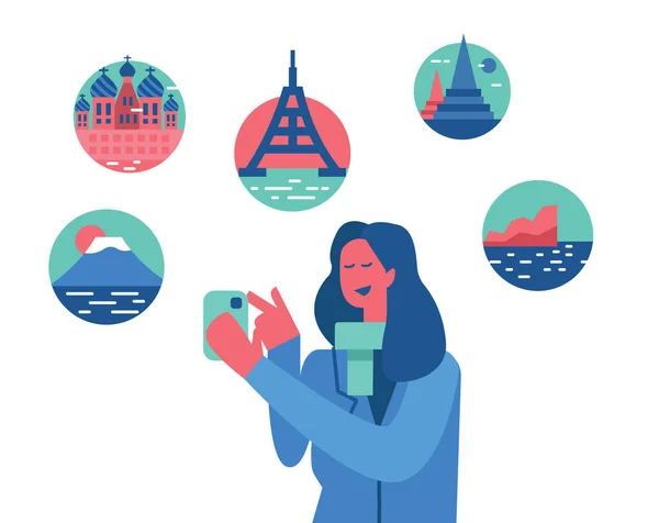 Γυναίκα Κρατώντας Smartphone Και Επιλέγοντας Προορισμό Ταξιδιού Ταξιδιού Για Τις — Διανυσματικό Αρχείο
