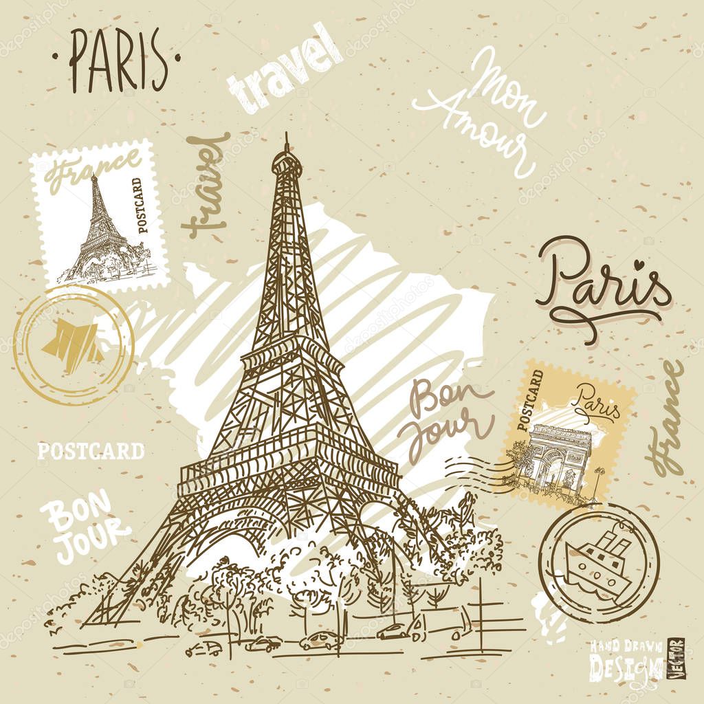 set of sketch drawings france. Print on t-shirt