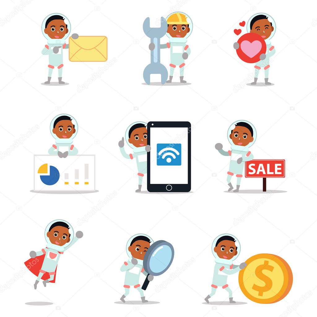 Set of vector character astronout man is on research