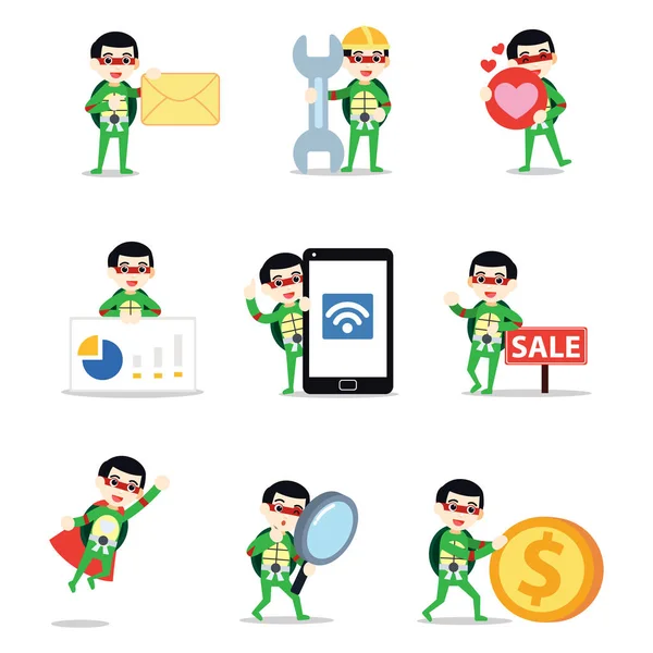 Set of character man with ninja turtle costume. — Stock Vector