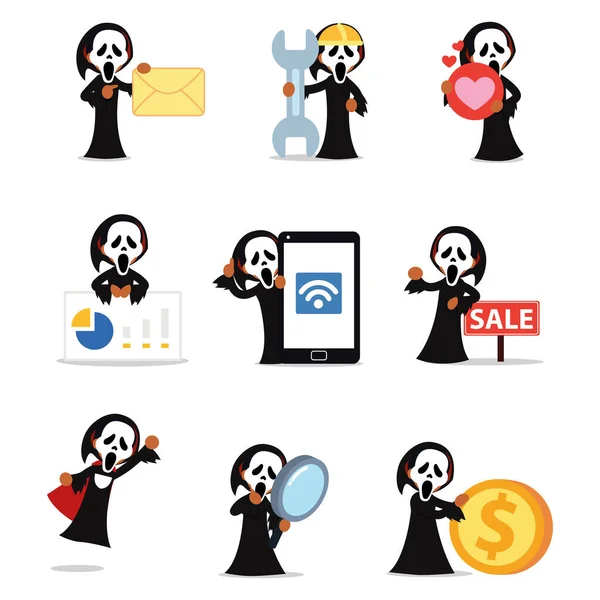 Set of character woman watching scream ghost face horror movie. — Stock Vector