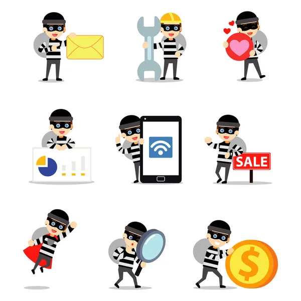 Set Character Robber Man Stealth Necklace Jewelry Store Vector Illustration — Stock Vector