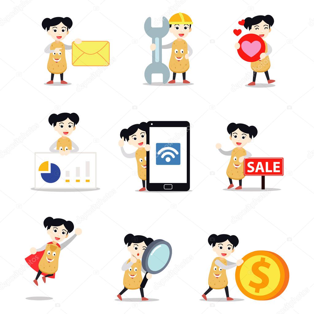 Set character of woman in cute potato shape doll costume. Vector illustration with coin, envelope, love, mobile