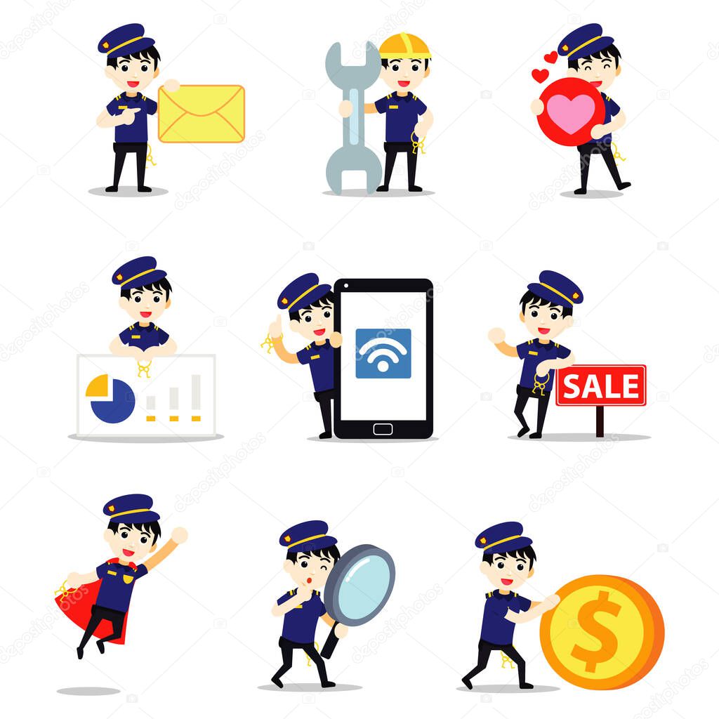 Set character of prison guard man standing on the guard tower. Vector illustration with coin, envelope, love, mobile