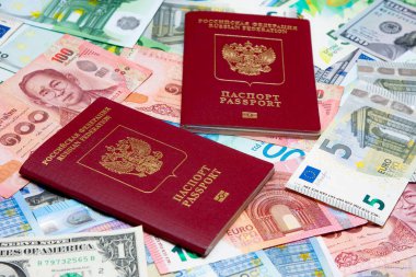 Pasaportlar farklı ülkelerden gelen banknotlarda.