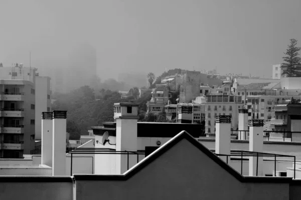 Black and white roofs of houses in the fog