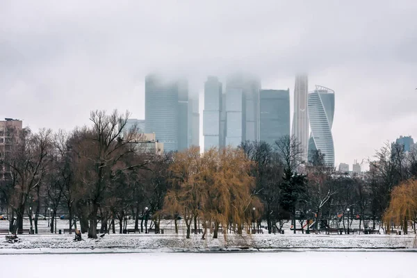 Засніжений Зимовий Парк Тлі Міських Будівель — стокове фото
